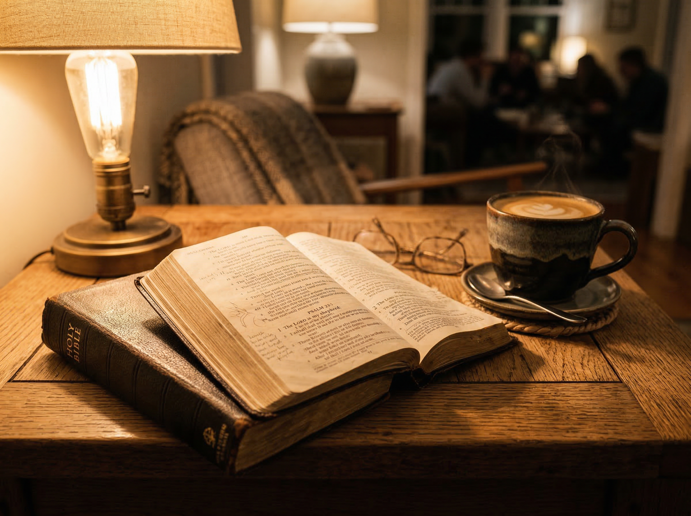 Open Bible on a wooden table with warm lamplight and a cup of coffee